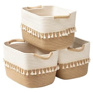 teokj woven storage bin set of 3, cotton rope basket for storage, clothes boho storage basket bin for organizing and storage, fabric storage basket for books, plants, pet treats, white & jute