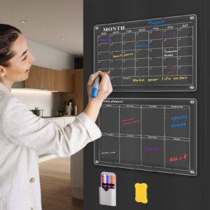amzone acrylic magnetic calendar for fridge 16"x12", 2 set monthly weekly dry erase board planner for refrigerator, reusable clear calendar includes eraser and 6 markers