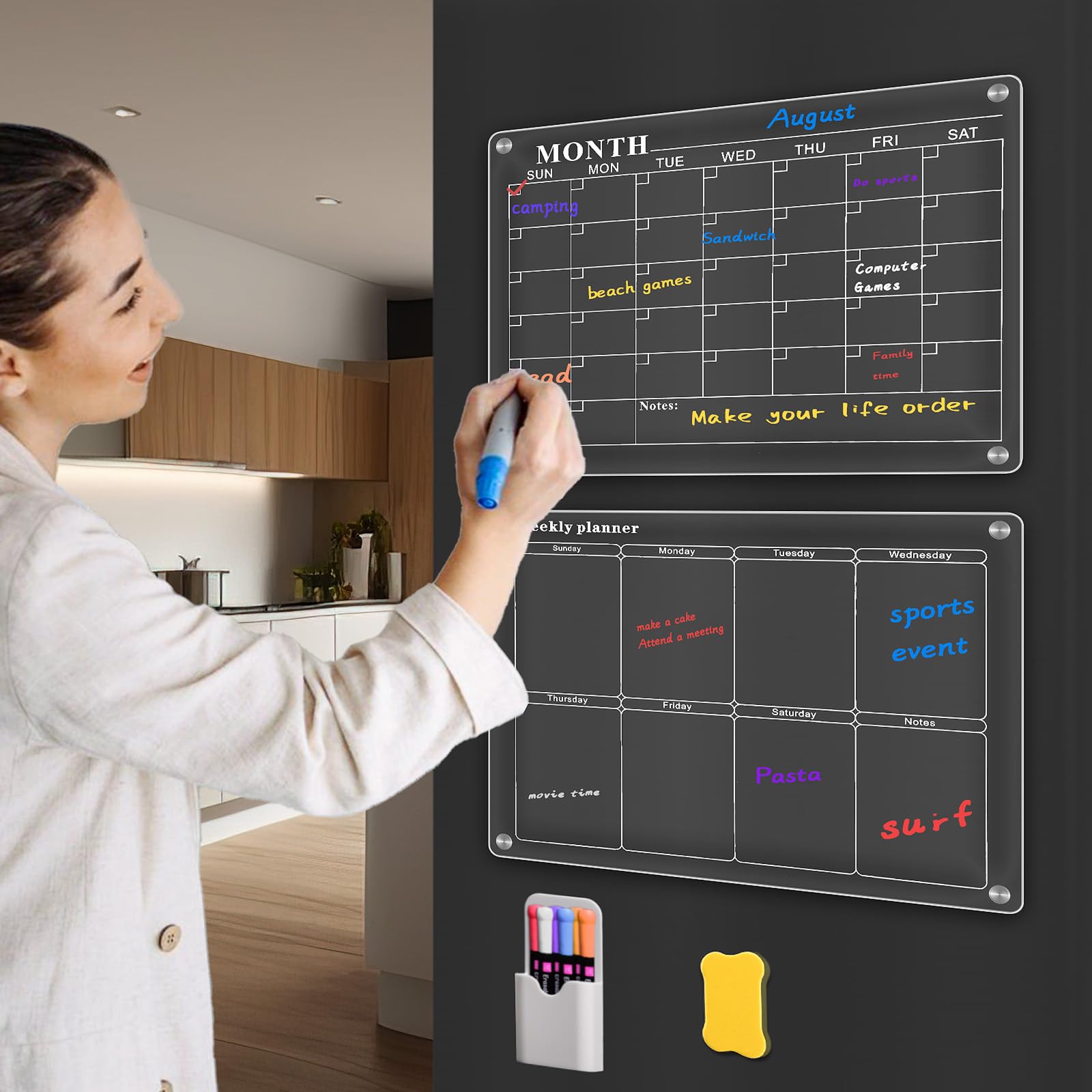 Amzone Acrylic Magnetic Calendar for Fridge 16"x12", 2 Set Monthly Weekly Dry Erase Board Planner for Refrigerator, Reusable Clear Calendar Includes Eraser and 6 Markers