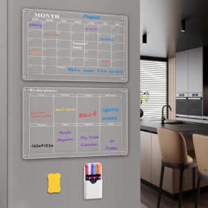 Amzone Acrylic Magnetic Calendar for Fridge 16"x12", 2 Set Monthly Weekly Dry Erase Board Planner for Refrigerator, Reusable Clear Calendar Includes Eraser and 6 Markers