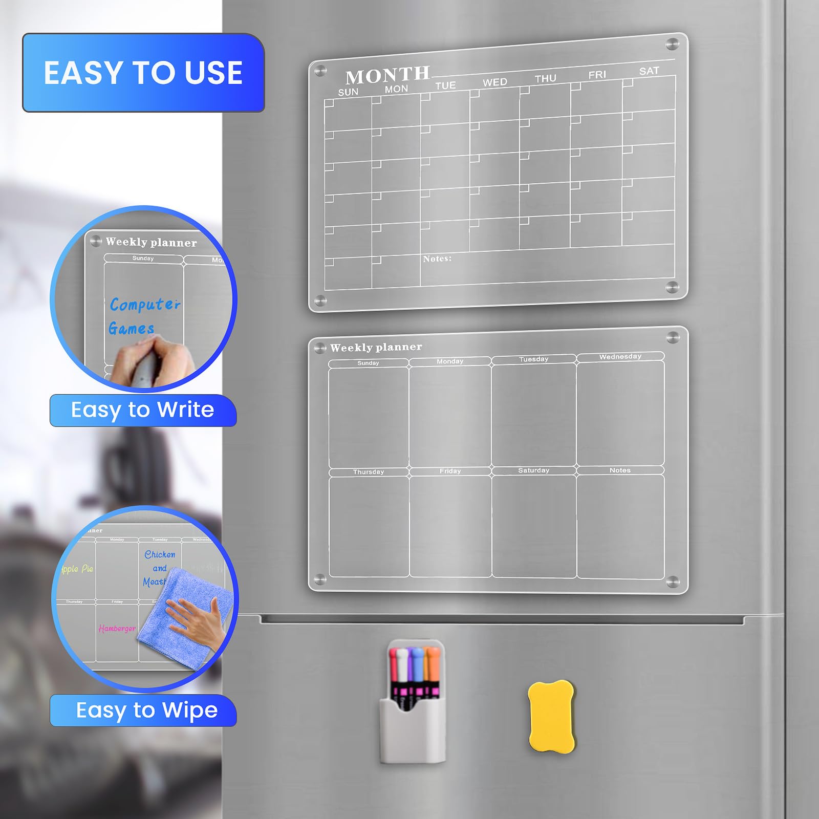 Amzone Acrylic Magnetic Calendar for Fridge 16"x12", 2 Set Monthly Weekly Dry Erase Board Planner for Refrigerator, Reusable Clear Calendar Includes Eraser and 6 Markers