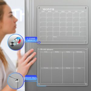 Amzone Acrylic Magnetic Calendar for Fridge 16"x12", 2 Set Monthly Weekly Dry Erase Board Planner for Refrigerator, Reusable Clear Calendar Includes Eraser and 6 Markers