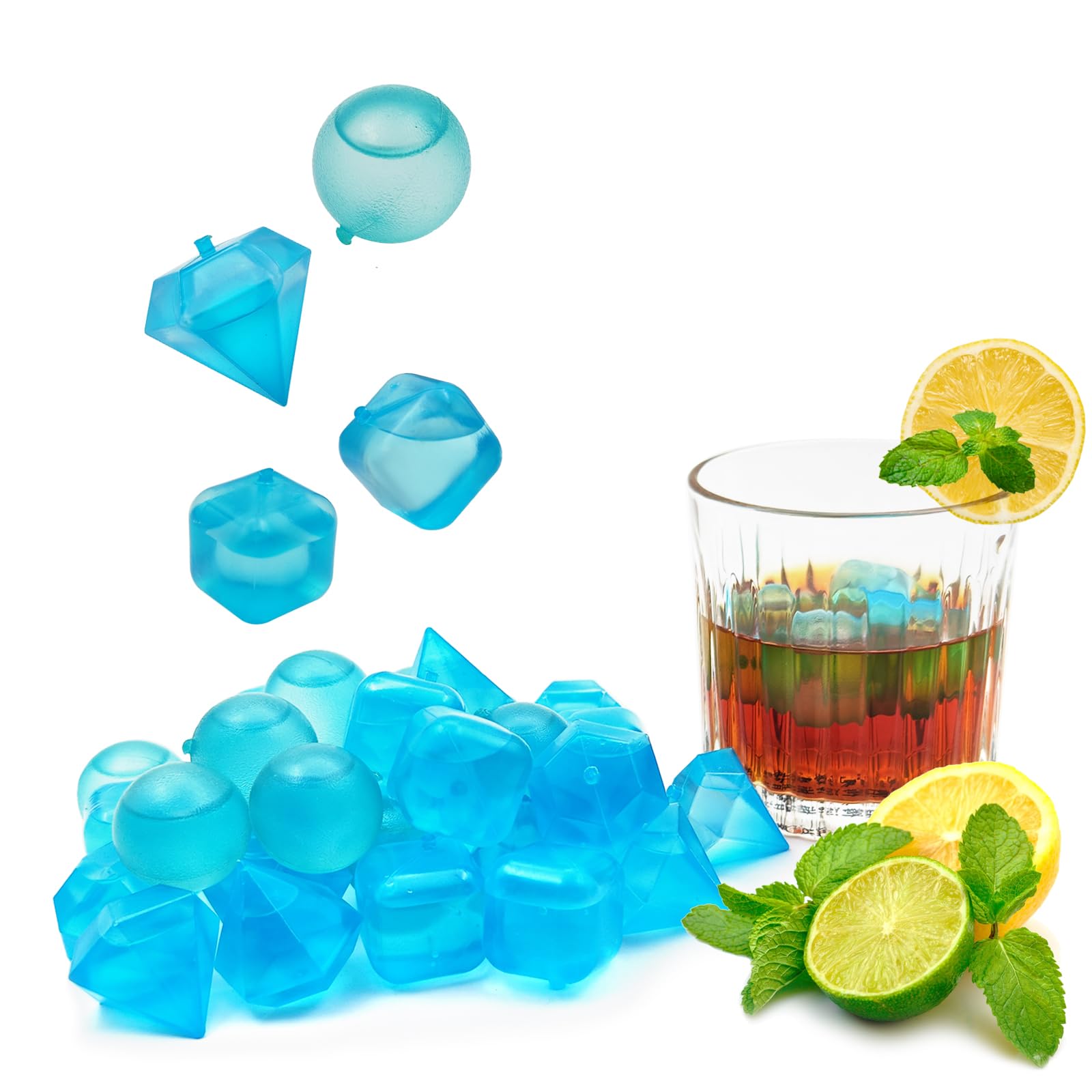 40 Pack Reusable Plastic Ice Cubes for Drinks Like Whiskey, Wine, or Coffee,to Keep Your Drink Cold Longer,Can Be Used for School, Travel, Picnic and Other Outdoor Activities (Blue)