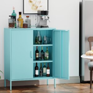 COFaR Blue Metal Cabinet with Doors and Shelves,Metal Storage Cabinet with Leg,Multipurpose 3-Tier Office Cabinets,Metal Liquor Cabinet for Home Office,Coffee bar,Kitchen