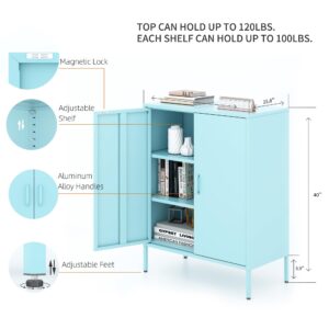 COFaR Blue Metal Cabinet with Doors and Shelves,Metal Storage Cabinet with Leg,Multipurpose 3-Tier Office Cabinets,Metal Liquor Cabinet for Home Office,Coffee bar,Kitchen