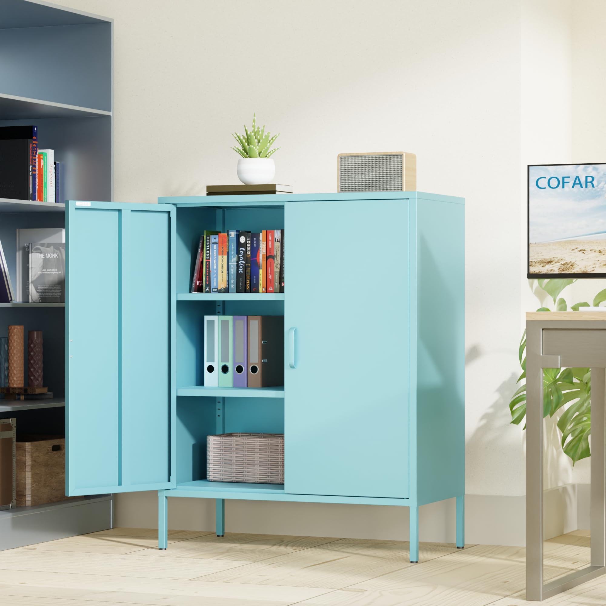 COFaR Blue Metal Cabinet with Doors and Shelves,Metal Storage Cabinet with Leg,Multipurpose 3-Tier Office Cabinets,Metal Liquor Cabinet for Home Office,Coffee bar,Kitchen