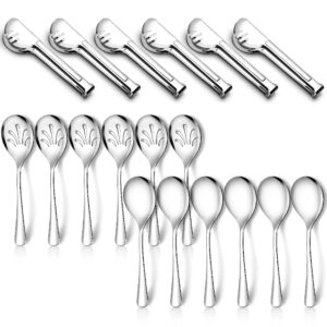 teivio stainless steel serving utensils set, include large set of 18 pieces - serving spoons, slotted spoons and serving tongs, for catering/buffet/chafing dish (silver)
