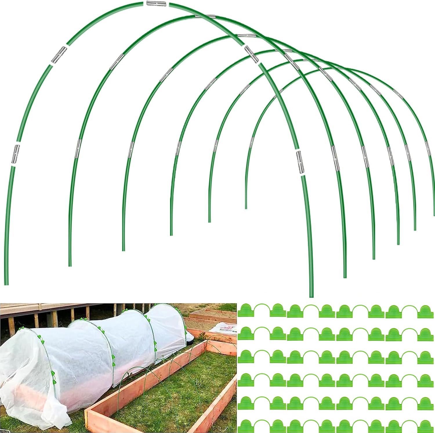 Garden Hoops for Raised Beds Wide, 36pcs 8ft Garden Tunnel Hoops for Row Cover Netting, Greenhouse Support Hoops Grow Tunnel Garden Bed Stakes, Flexible Fiberglass DIY Plant Hoops Outdoor, 24pcs Clips