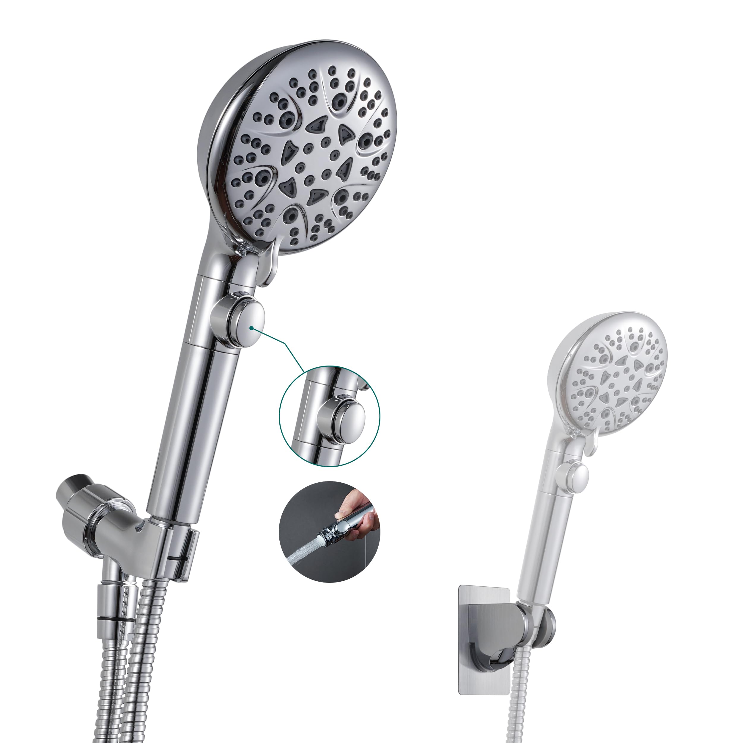 GwernKB Handheld Shower Head with On Off Switch 8-Mode High Pressure Showerhead with 79 Inches Extra-long Stainless Steel Hose and Bracket PLUS Extra Low-Reach Adhesive Wall Mount for Kids,Silver