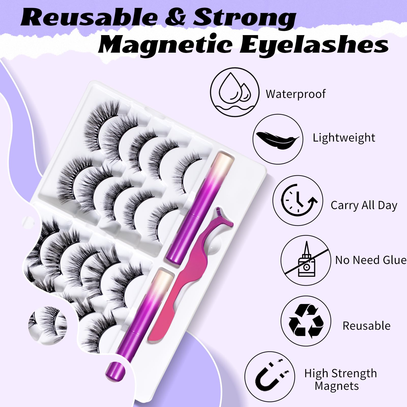 Magnetic Eyelashes with Magnetic Eyeliner Kit, 3D Natural Look False Eyelashes, Reusable Magnetic Lashes with Eyeliner and Tweezers, No Glue(10 Pairs)