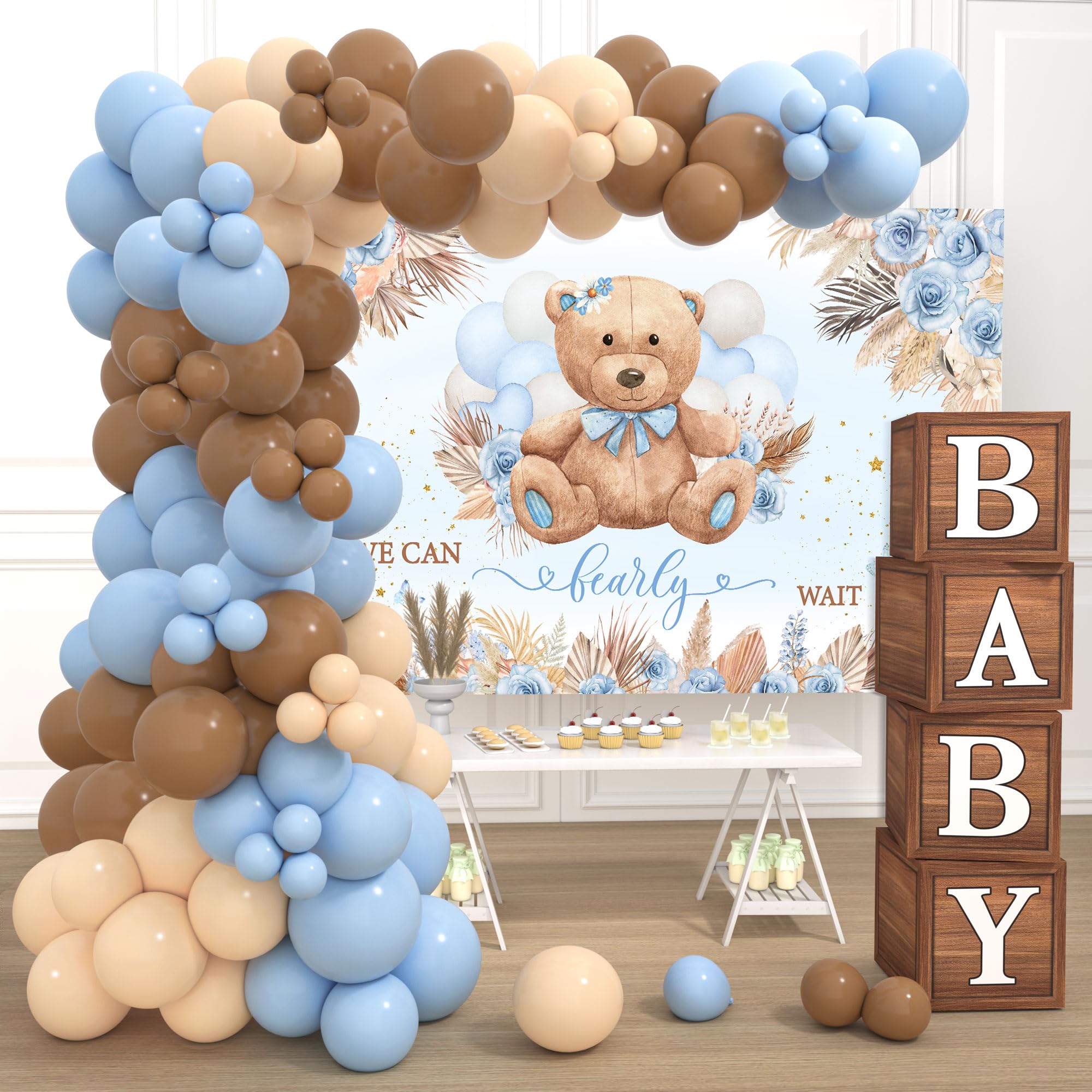 Teddy Bear Baby Shower Decorations For Boy Brown Blue Nude Balloon Garland Arch Kit Teddy Bear Boho Backdrop Wood Grain Baby Box It'S A Boy We Can Bearly Wait Baby Shower Party Decorations Supplies