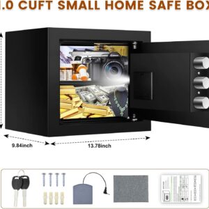 1.0 Cu ft Home Safe Fireproof Waterproof, Digital Home Security Safe with Numeric Keypad, Spare Keys and Removable Shelf, Personal Home Safe Box for Money Firearm Documents Medicines