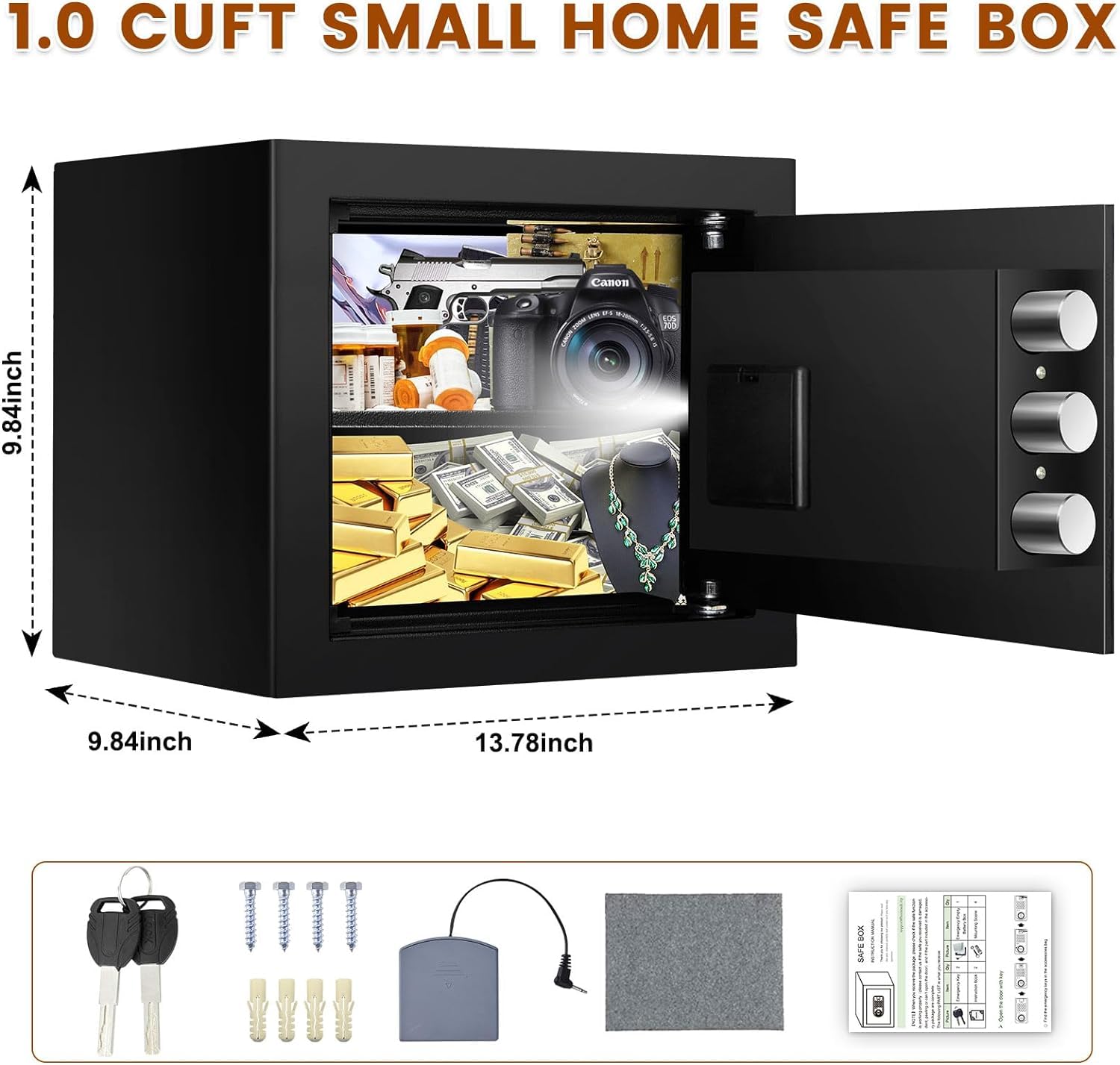 1.0 Cu ft Home Safe Fireproof Waterproof, Digital Home Security Safe with Numeric Keypad, Spare Keys and Removable Shelf, Personal Home Safe Box for Money Firearm Documents Medicines