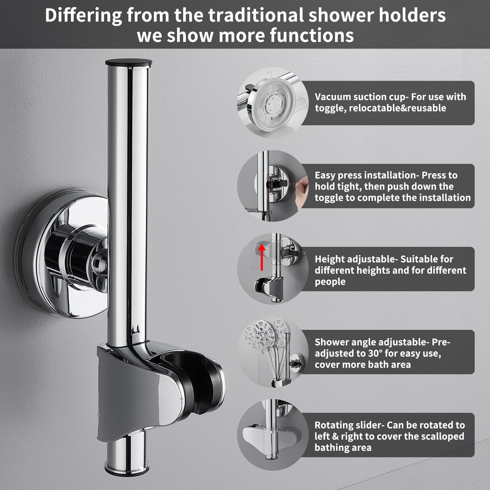 Starensky Shower Slide Bar, Height & Angle Adjustable Shower Head Holder, Relocatable Shower Wand Attachment, Shower Hose Atapter for Bathroom Wall Mount, Premium ABS Chrome Finish