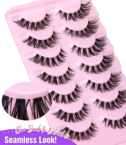 False Lashes Clear Band Eyelashes Natural Cat Eye Lashes Wispy Fake Eyelashes 16mm Fluffy Mink Lashes Pack 7 Pairs by Yawamica