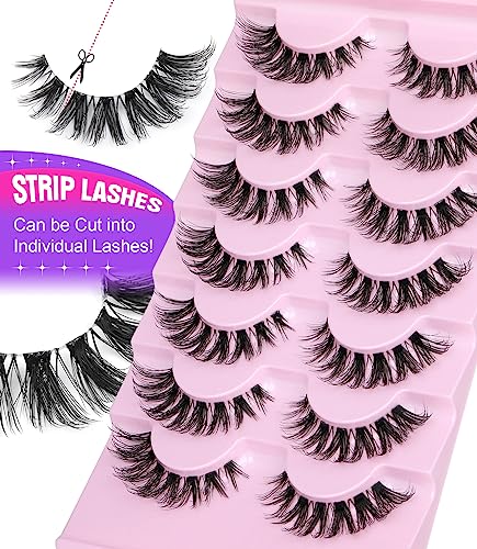 False Lashes Clear Band Eyelashes Natural Cat Eye Lashes Wispy Fake Eyelashes 16mm Fluffy Mink Lashes Pack 7 Pairs by Yawamica