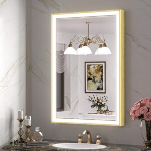 tokeshimi 24 x 36 inch gold led bathroom vanity mirror with lights with 45° angled beveled light, 3 colors, anti-fog,aluminum alloy matte frame, memory funtion stepless dimmable for modern decor