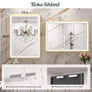 TokeShimi 24 x 36 Inch Gold LED Bathroom Vanity Mirror with Lights with 45° Angled Beveled Light, 3 Colors, Anti-Fog,Aluminum Alloy Matte Frame, Memory Funtion Stepless Dimmable for Modern Decor