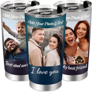 personalized coffee tumbler with pictures text, 20oz custom insulated stainless steel tumbler, customized father's day birthday gifts for men women, travel coffee cup with lids