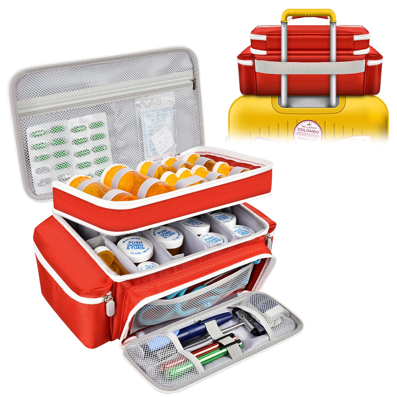 Large Medicine Organizer Bag Box - Empty First Aid Kits Bags for Emergency. Pill Bottle Storage Container, Medical Supplies Case for Home, Travel, Outdoor, Office, Car, Camping, Hiking, Boating