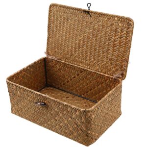 shelf baskets rattan storage basket with lid handwoven seagrass basket multipurpose organizer for snack toys rectangular household basket for shelf wardrobe 23x13x8cm