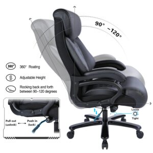 BOWTHY Big and Tall Office Chair 400 lbs - Executive Leather Swivel Chair with Arms, High Back Desk Chair with Adjustable Lumbar Support Heavy Duty Metal Base, Office Chairs for Heavy People (Black)