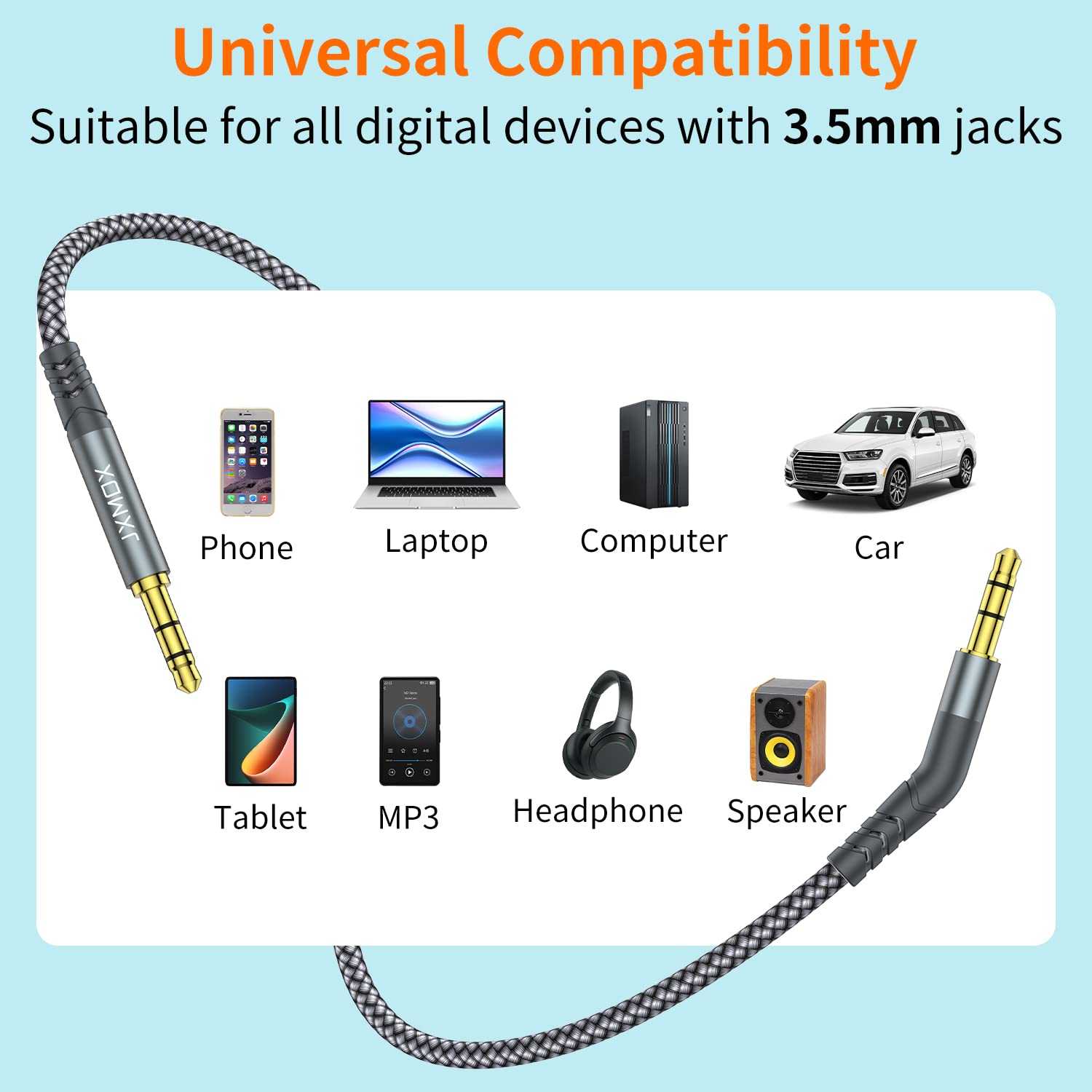 JXMOX 3.5mm Aux Cable (4ft/1.2m), 45 Degree Audio Auxiliary Input Adapter Male to Male 1/8 AUX Cord for Headphones, Car, Home Stereos, Speaker, iPhone, iPad, iPod, Echo & More – Grey