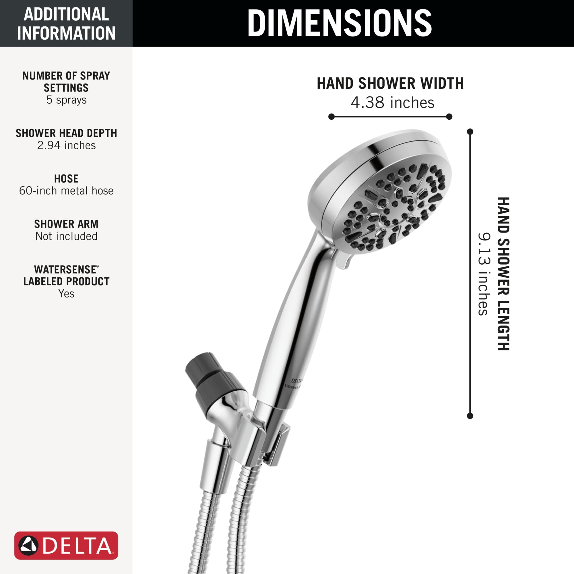 Delta Faucet 5-Setting Handheld Shower Head, Chrome Shower Head with Hose, Showerheads & Handheld Showers, Handheld Shower Heads, Detachable Shower Head, Hand Shower 1.75 GPM, Chrome 75511