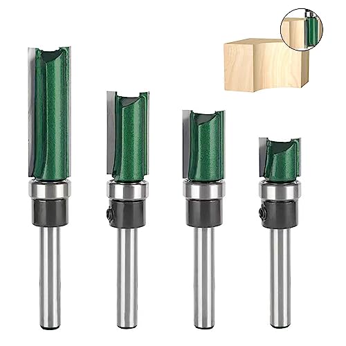 TOTOWOOD Top Bearing Flush Trim Router Bit ， 4 Pcs Pattern Flush Trim Router Bit Set，1/4 Inch Shank，Cutting Height in 15/32”, 3/4”, 1”, 1-1/2”,Flush Trim Cut Router Bits (Pattern Flush Trim)