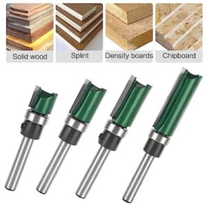 TOTOWOOD Top Bearing Flush Trim Router Bit ， 4 Pcs Pattern Flush Trim Router Bit Set，1/4 Inch Shank，Cutting Height in 15/32”, 3/4”, 1”, 1-1/2”,Flush Trim Cut Router Bits (Pattern Flush Trim)