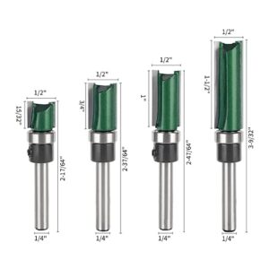 TOTOWOOD Top Bearing Flush Trim Router Bit ， 4 Pcs Pattern Flush Trim Router Bit Set，1/4 Inch Shank，Cutting Height in 15/32”, 3/4”, 1”, 1-1/2”,Flush Trim Cut Router Bits (Pattern Flush Trim)