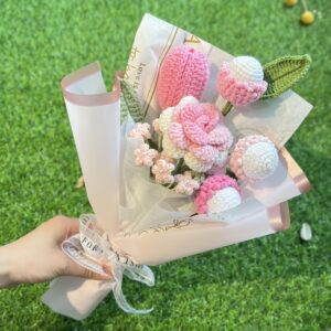 jomodecor handmade crochet peony lychee bouquet, knitted mixed artificial forever flowers with exquisite wrap, gift to girlfriend mom women, perfect for valentines, home decor, celebration