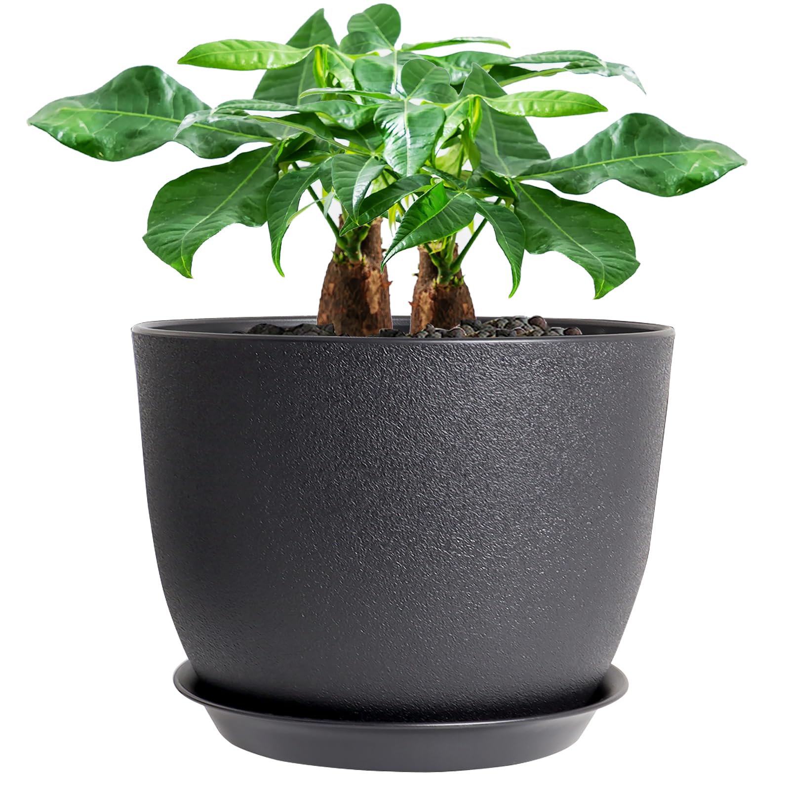 UOUZ 12inch Large Plant Pot, Modern Plastic Planter with High Driange Holes and Saucer for Indoor Outdoor Garden Plants and Flowers, Black