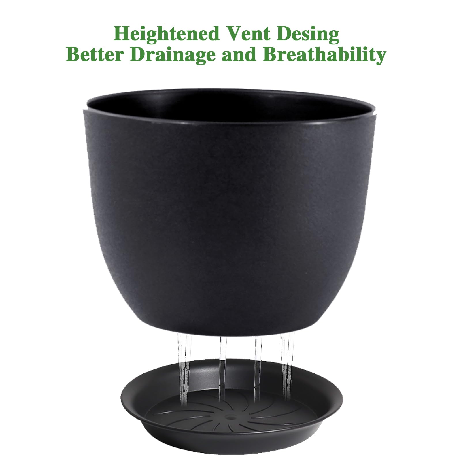 UOUZ 12inch Large Plant Pot, Modern Plastic Planter with High Driange Holes and Saucer for Indoor Outdoor Garden Plants and Flowers, Black