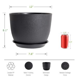 UOUZ 12inch Large Plant Pot, Modern Plastic Planter with High Driange Holes and Saucer for Indoor Outdoor Garden Plants and Flowers, Black