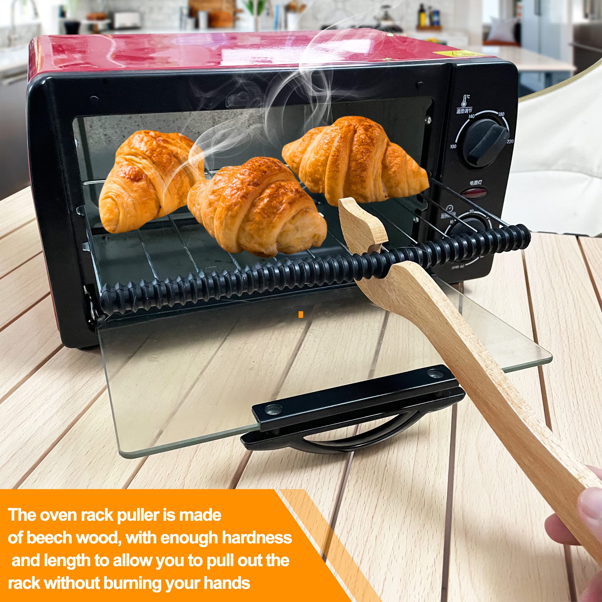 JUNTIANZE Oven Rack puller,2pcs Silicone Oven Rack Shields(11in Puller, 14in Shields),Wood Oven Rack Push and Pull Tool, Suitable for kitchen ovens, Toaster ovens,Air Fryer, Convection Oven