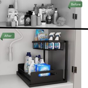 Under Sink Organizer and Storage for Kitchen Bathroom Cabinet - 2 Tier Slide Out Sink Shelf Cabinet Drawer - Store Large Items - No Drilling Rustproof Carbon Steel Shelf - Black - 1 Pack