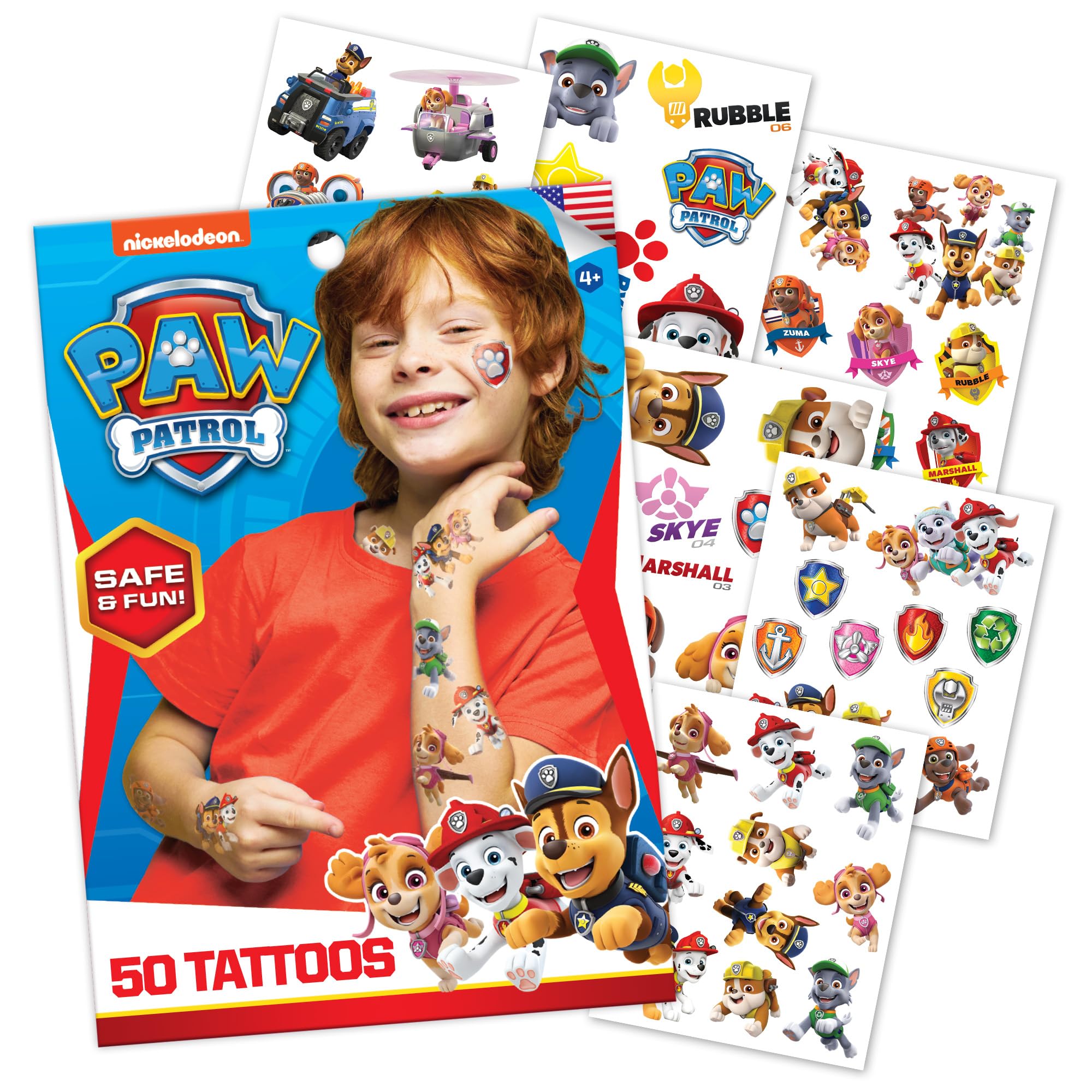 Savvi - 50 Paw Patrol Temporary Tattoos: All Characters, Skin-Safe Ink, Great for Birthday Parties, Gifts for Boys and Girls Ages 4-12+, Made in the USA [6 sheets, 50 count]