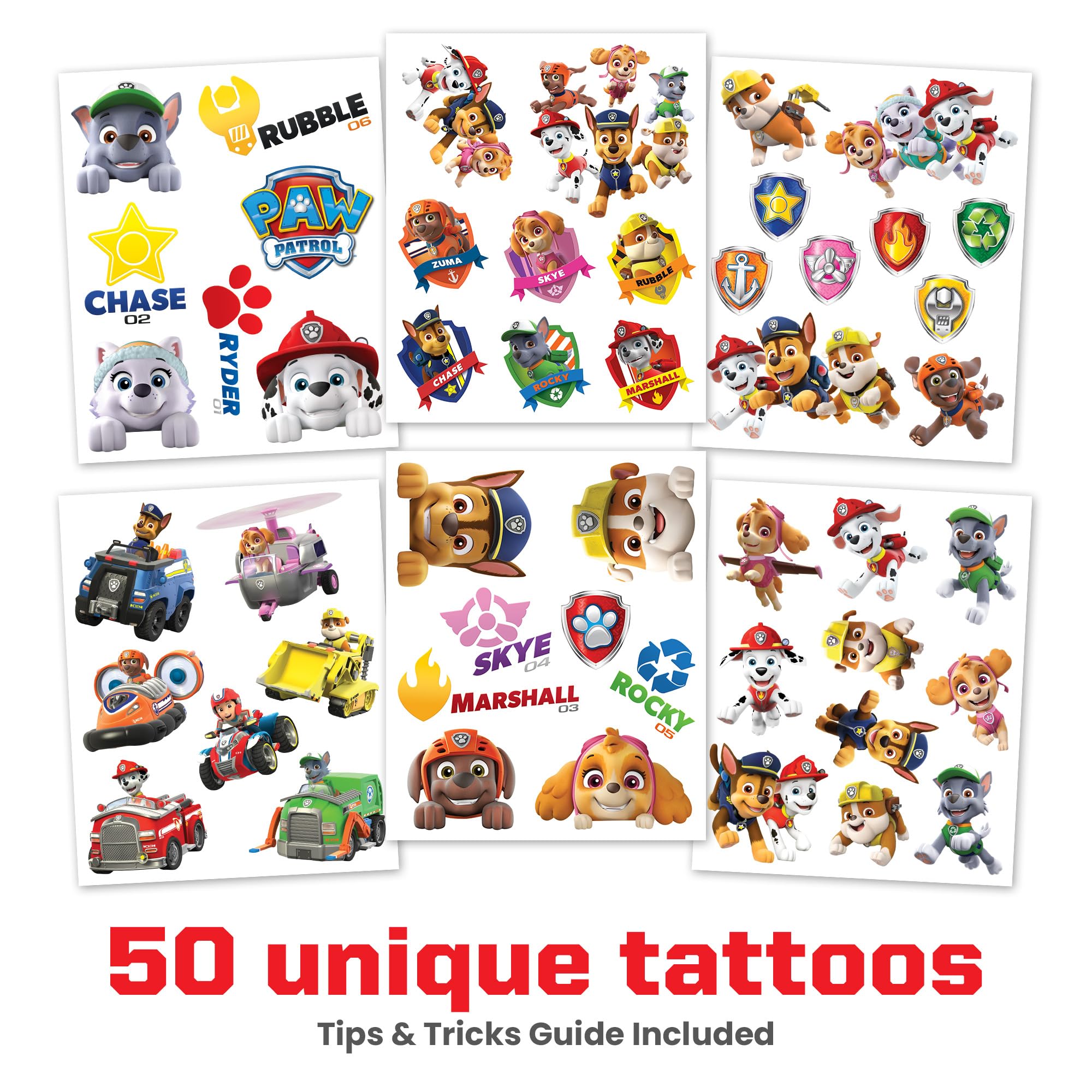 Savvi - 50 Paw Patrol Temporary Tattoos: All Characters, Skin-Safe Ink, Great for Birthday Parties, Gifts for Boys and Girls Ages 4-12+, Made in the USA [6 sheets, 50 count]