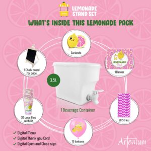 Lemonade Stand Supplies, Lemonade Stand Kit, Includes 3.5L Drink Dispenser, Lemonade Cups, Paper Straws, Garland, Latex Balloons, Board, Lemonade Banner (stand NOT included)