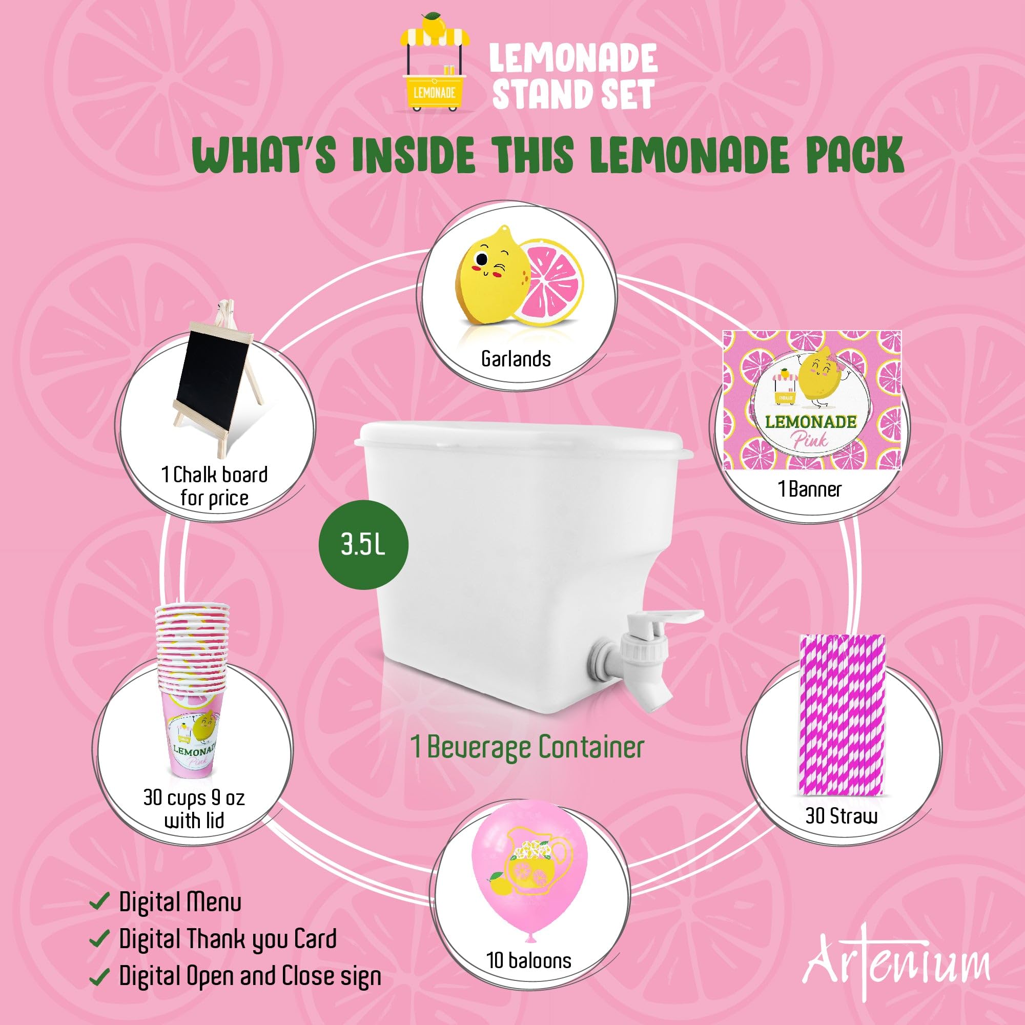 Lemonade Stand Supplies, Lemonade Stand Kit, Includes 3.5L Drink Dispenser, Lemonade Cups, Paper Straws, Garland, Latex Balloons, Board, Lemonade Banner (stand NOT included)