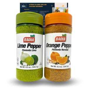 badia lime & orange citrus pepper bundle - lime pepper and orange pepper seasoning set - 6.5 oz each - qbin recipe card - premium handcrafted blends with tangy lemon zest and fragrant orange essence - elevate your dishes with vibrant flavors - perfect for
