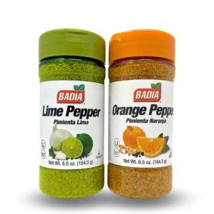 Badia Lime & Orange Citrus Pepper Bundle - Lime Pepper and Orange Pepper Seasoning Set - 6.5 Oz Each - Qbin Recipe Card - Premium Handcrafted Blends with Tangy Lemon Zest and Fragrant Orange Essence - Elevate Your Dishes with Vibrant Flavors - Perfect for