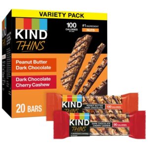 kind thins variety pack, peanut butter dark chocolate, dark chocolate cherry cashew, healthy snacks, low calorie, 20 count