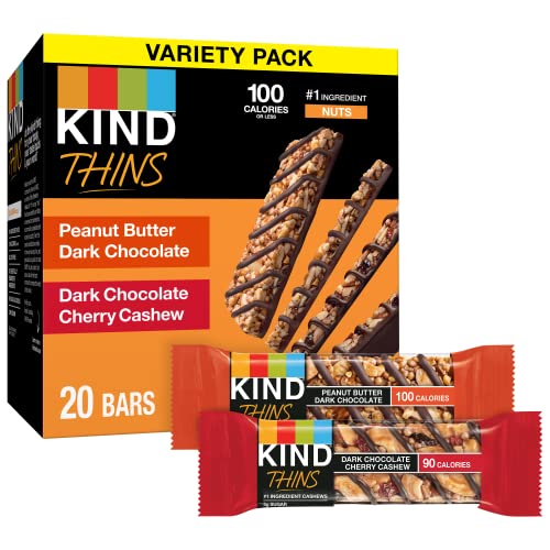 KIND Thins Variety Pack, Peanut Butter Dark Chocolate, Dark Chocolate Cherry Cashew, Healthy Snacks, Low Calorie, 20 Count