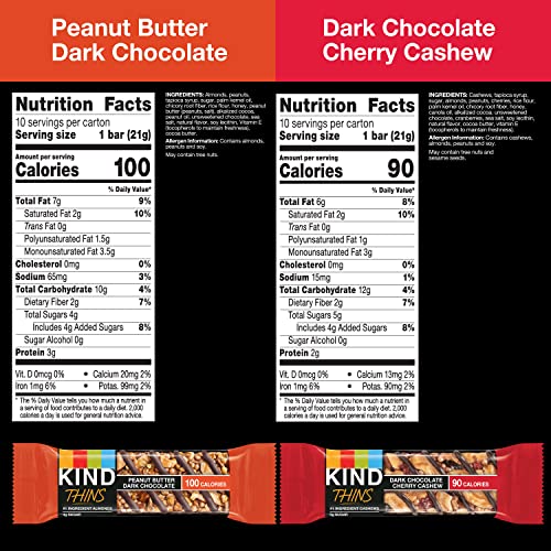 KIND Thins Variety Pack, Peanut Butter Dark Chocolate, Dark Chocolate Cherry Cashew, Healthy Snacks, Low Calorie, 20 Count