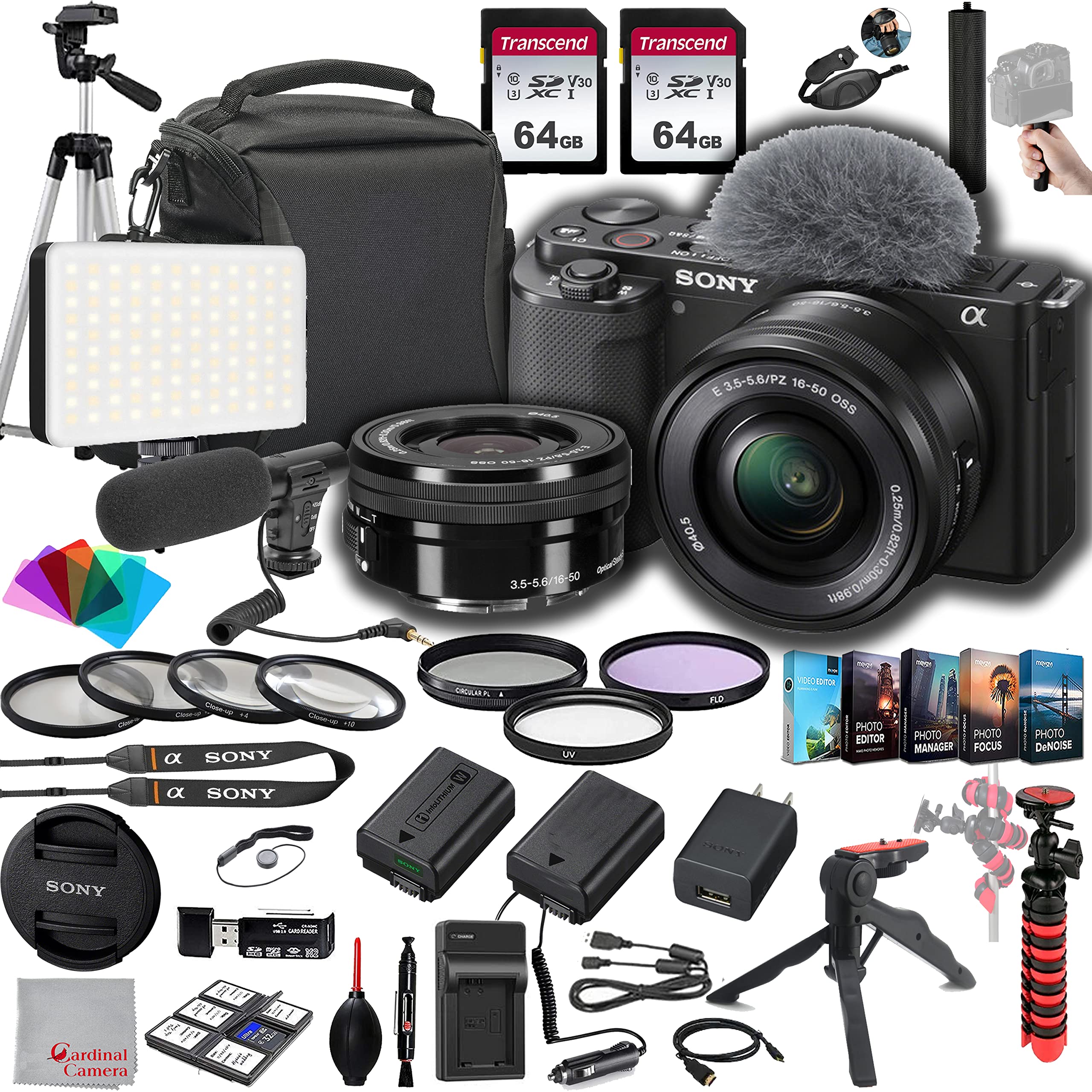 Sony ZV-E10 Mirrorless Camera with 16-50mm Lens, 128GB Memory,Microphone, 120LED Video Light, Tripod, Filters, Hood, Grip,Spare Battery & Charger, Video & Photo Editing Software Kit -Deluxe Bundle