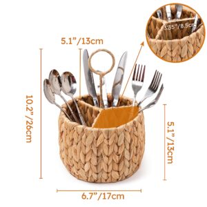 KOLWOVEN Wicker Flatware Organizer, Kitchen Utensil Holder for Countertop, Silverware Caddy Natural Woven Flatware Caddy with 3 Compartments, Cooking Utensil Organizer