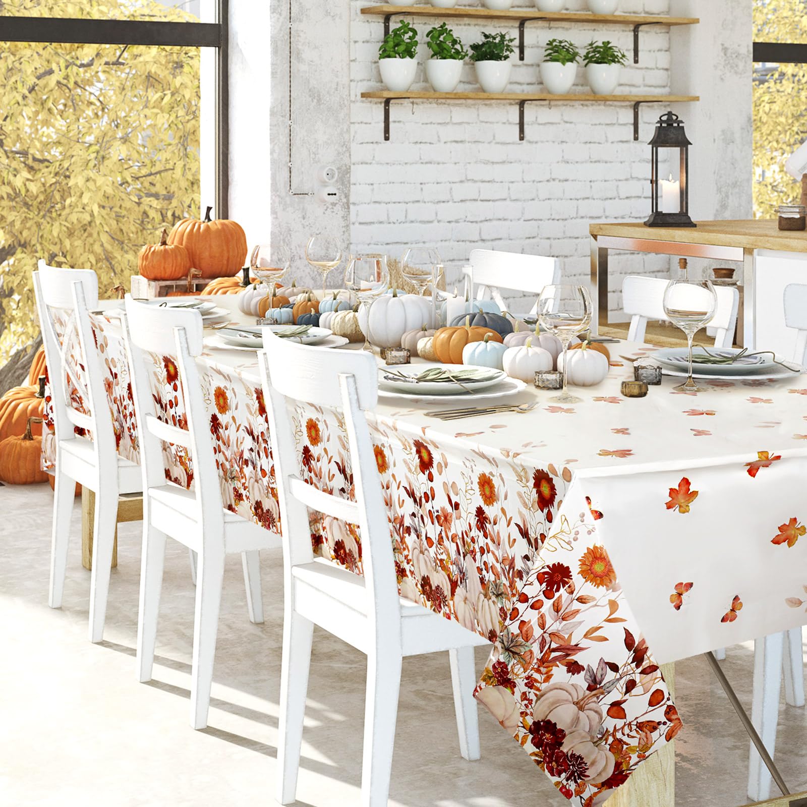 Newwiee 4 Pcs Thanksgiving Tablecloth Fall Pumpkin Plastic Tablecloths Maple Floral Fall Table Cloth Disposable Rectangle Fall Plastic Table Cover for Autumn Harvest Party, 54 x 108 Inch