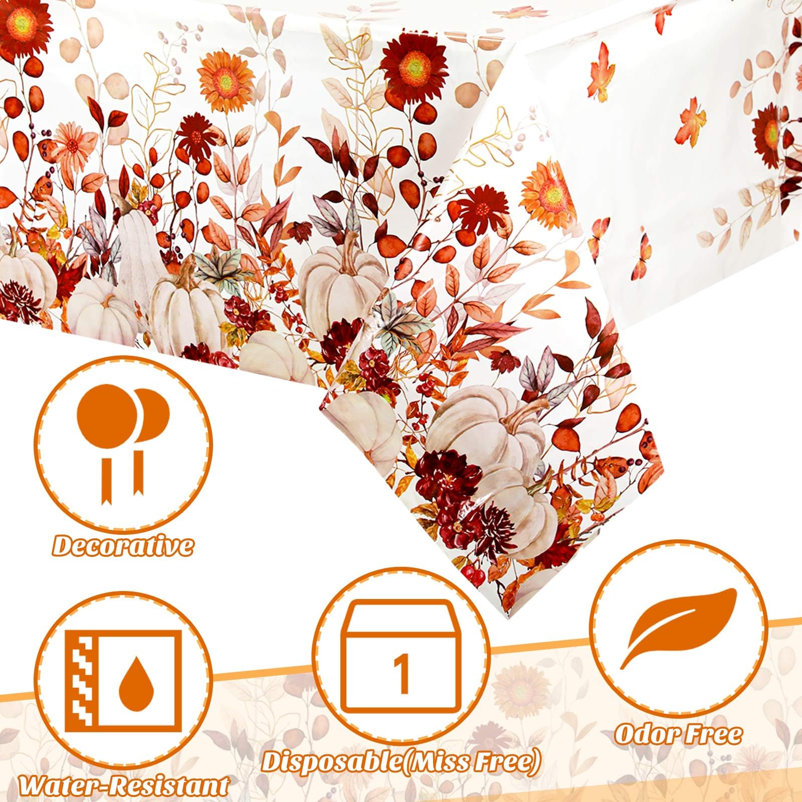 Newwiee 4 Pcs Thanksgiving Tablecloth Fall Pumpkin Plastic Tablecloths Maple Floral Fall Table Cloth Disposable Rectangle Fall Plastic Table Cover for Autumn Harvest Party, 54 x 108 Inch